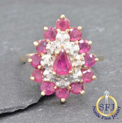 Ruby and Diamond Pear Cluster Halo Ring, Solid 14K Yellow Gold