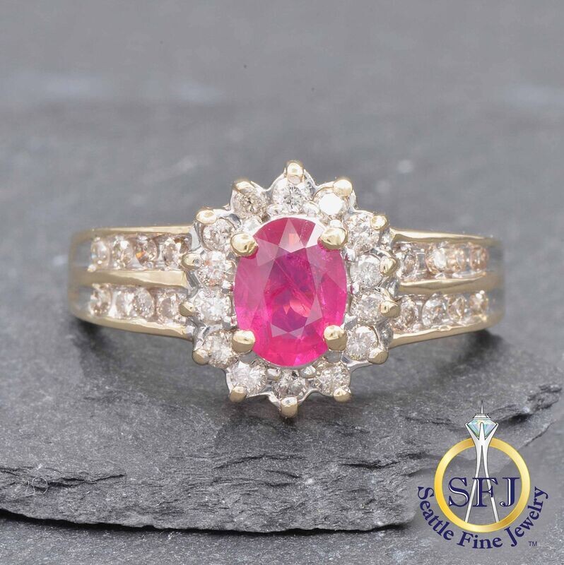 Ruby and Diamond Halo Ring, Solid 10K Yellow Gold