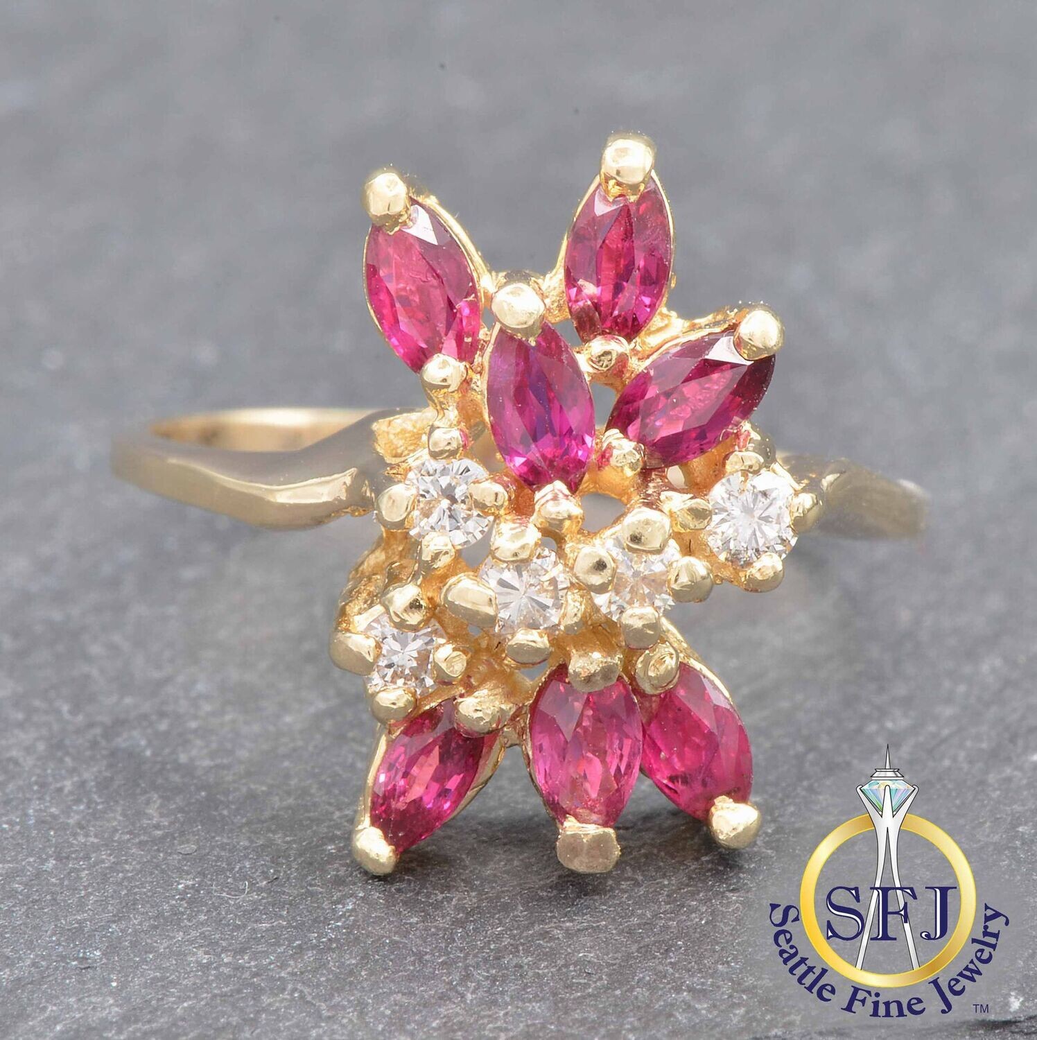 Marquise Ruby and Diamond Cluster Ring, Solid 14K Yellow Gold