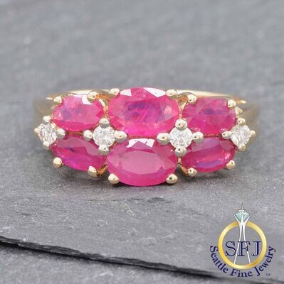 Ruby and Diamond 2-Row Ring, Solid 14K Yellow Gold