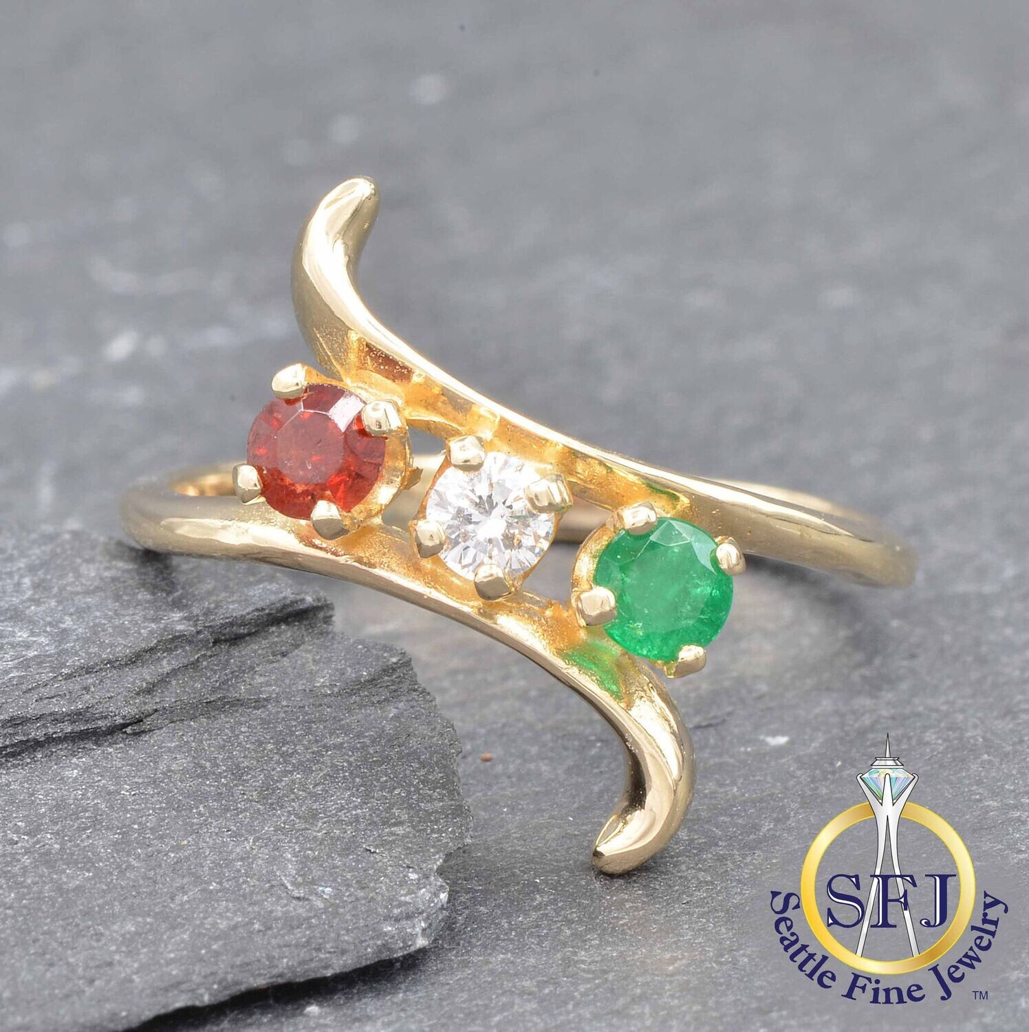 Emerald, Diamond, and Garnet Bypass Ring, Solid 14k Yellow Gold
