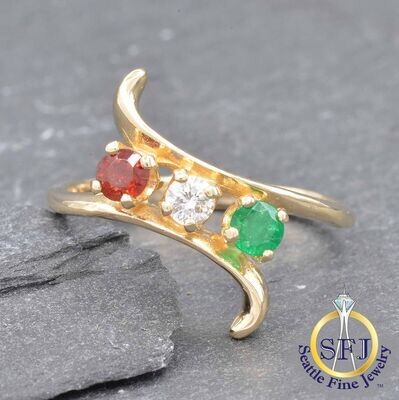 Emerald, Diamond, and Garnet Ring, Solid 14k Yellow Gold