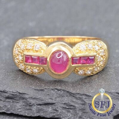 Ruby and Diamond Ring, Solid 18K Yellow Gold