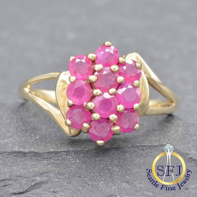 Ruby Cluster Ring, Solid 10K Yellow Gold