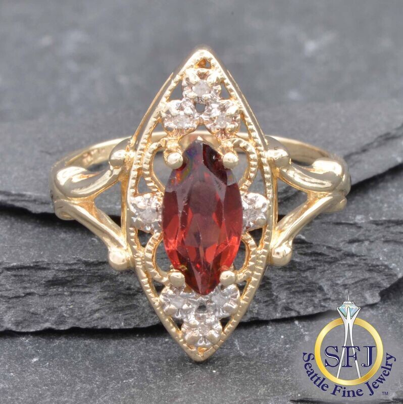 Marquise Garnet and Diamond Filigree Halo Ring, Solid 10K Yellow Gold
