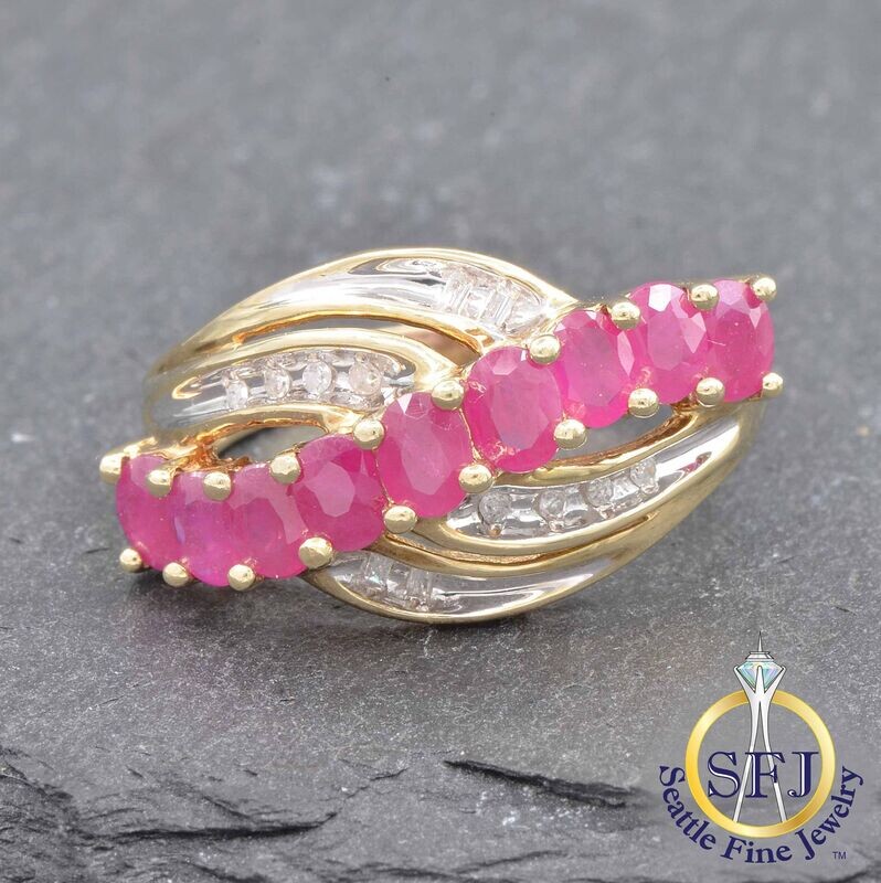Ruby and Diamond Bypass Row Ring, Solid 10K Yellow Gold