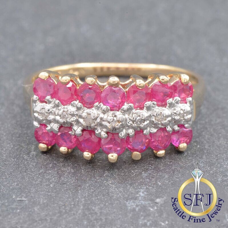 Ruby and Diamond 3-Row Wave Ring, Solid 10K Yellow Gold