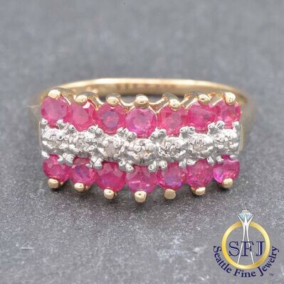 Ruby and Diamond 3-Row Wave Ring, Solid 10K Yellow Gold
