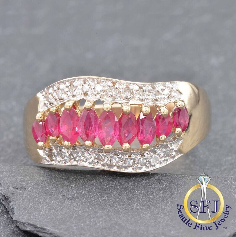 Marquise Ruby and Diamond 3-Row Wave Ring, Solid 10K Yellow Gold