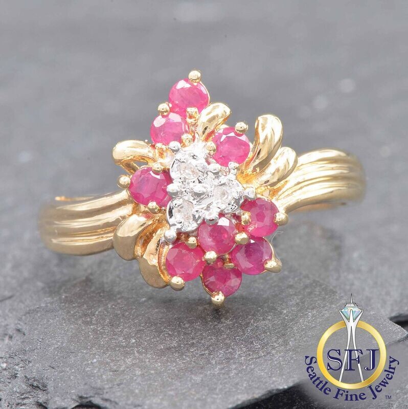 Ruby and Diamond Bypass Cluster Ring, Solid 10K Yellow Gold