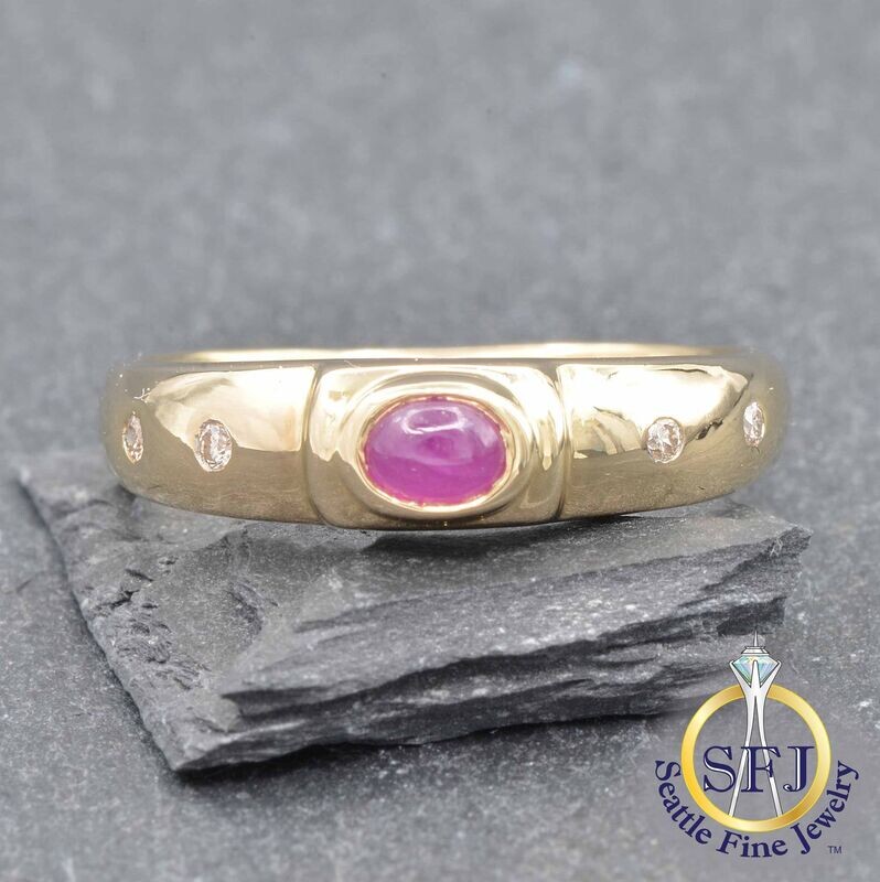 Ruby and Diamond Bezel Ring, Solid 14K Yellow Gold
