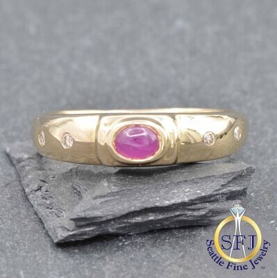 Ruby and Diamond Bezel Ring, Solid 14K Yellow Gold