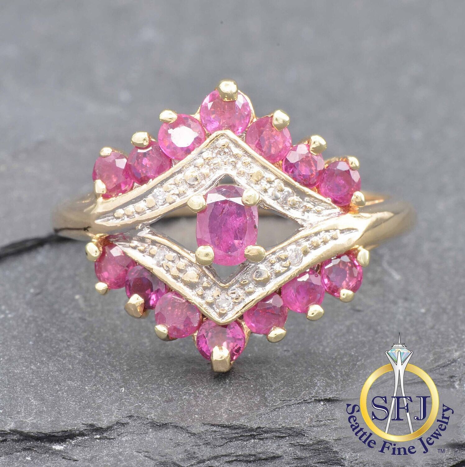 Ruby and Diamond Ring, Solid 14k Yellow Gold