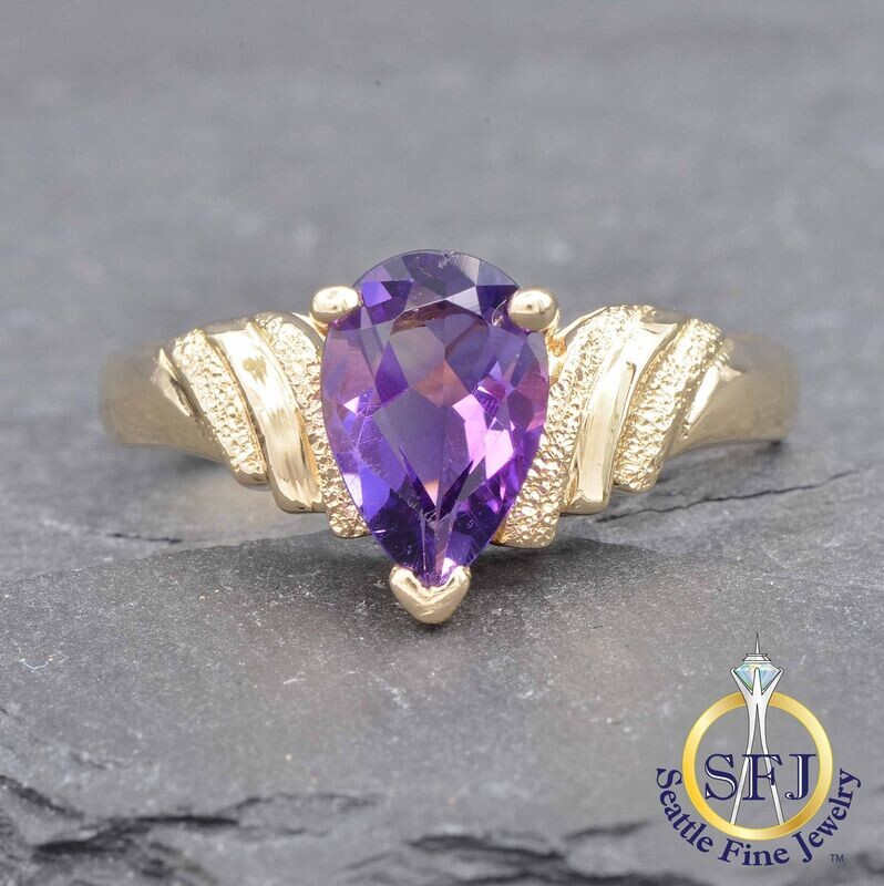 Pear Amethyst Chevron Ring, Solid 14K Yellow Gold