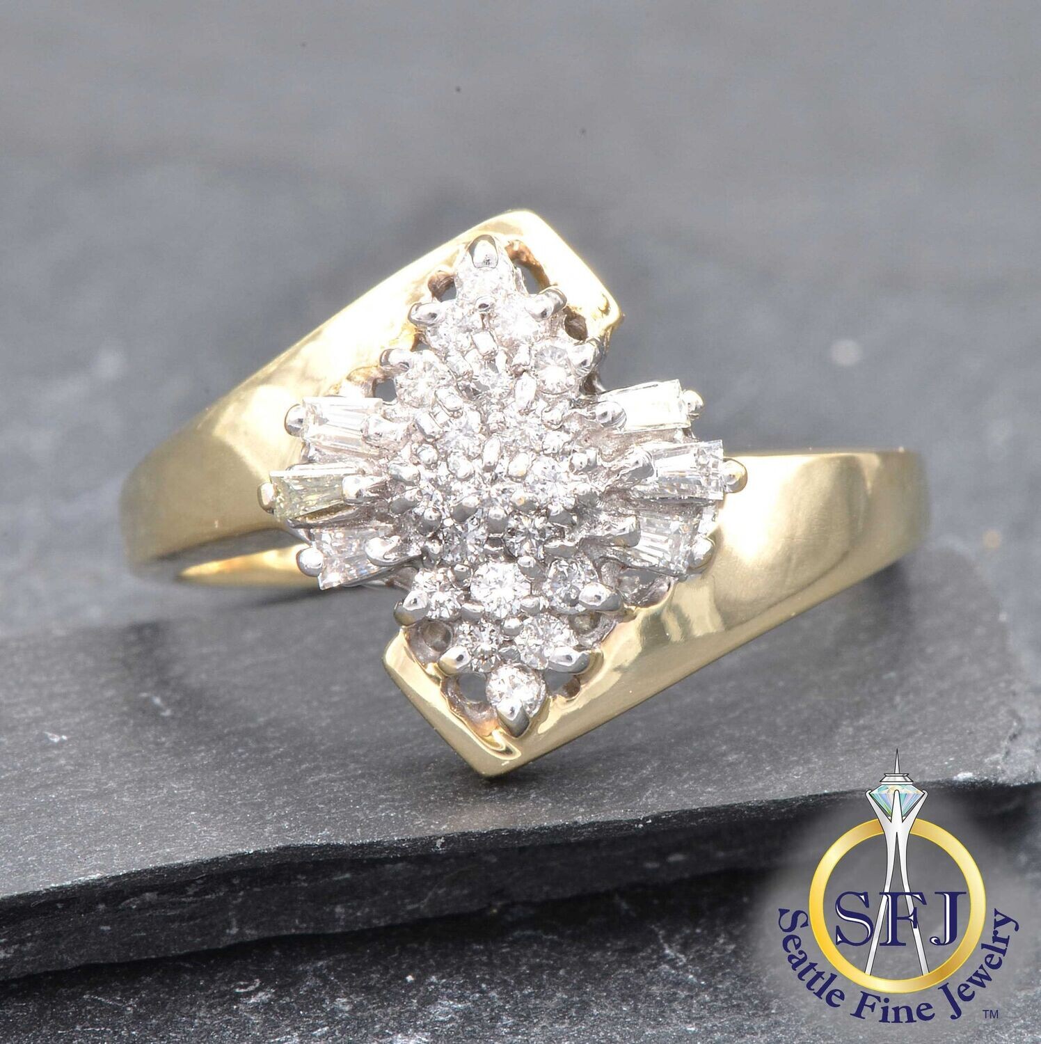 Diamond Harlequin Cluster Ring, Solid 14K Yellow Gold