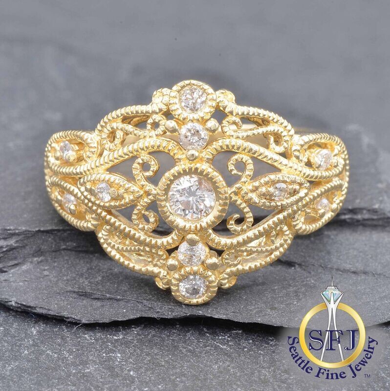 Filigree Milgrain Diamond Accented Ring, Solid 14K Yellow Gold