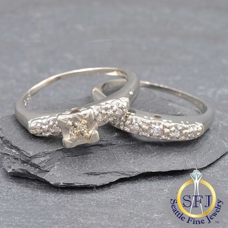 Midcentury Diamond 2-Ring Wedding Set, Solid 14K Yellow & White Gold