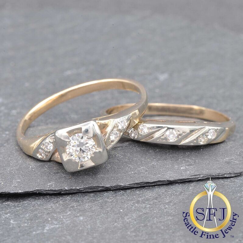 Midcentury 1950s Diamond 2-Ring Wedding Set, Solid 14K Yellow & White Gold