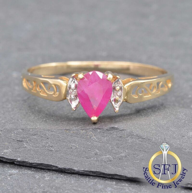 Pear Ruby and Diamond Filigree Ring, Solid 14K Yellow Gold