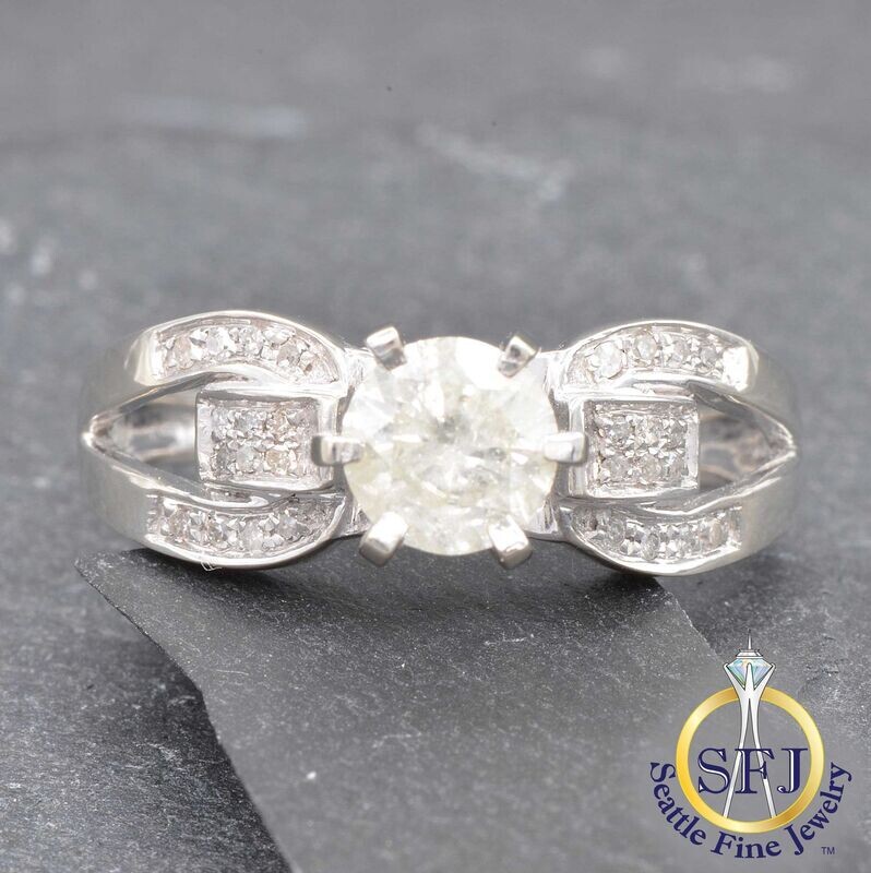 Diamond Solitaire Ring with Diamond-Accented Split Shank, Solid 14K White Gold