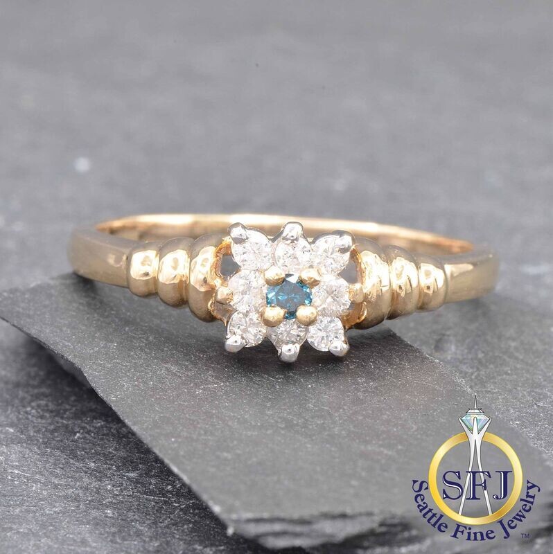 Blue Diamond and Diamond Square halo Ring, Solid 14K Yellow Gold