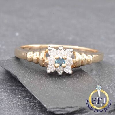 Blue Diamond and Diamond Ring, Solid 14k Yellow Gold