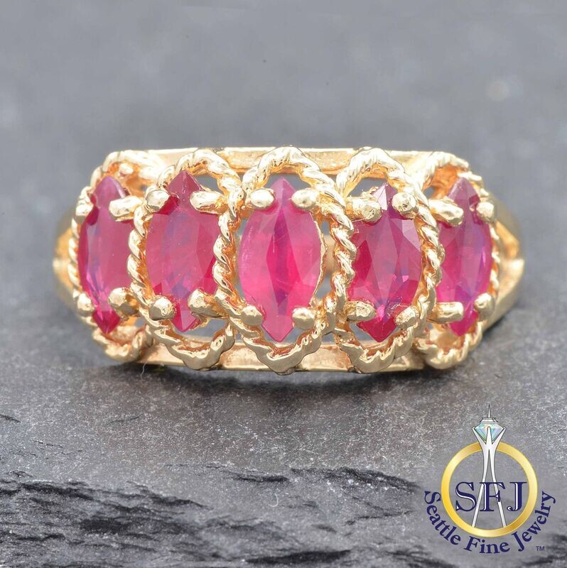 Marquise Ruby 5-Stone Braided Halo Ring, Solid 10K Yellow Gold