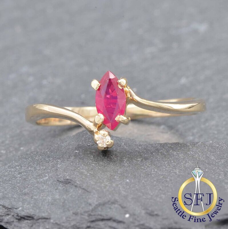 Marquise Ruby and Diamond Bypass Ring, Solid 14K Yellow Gold