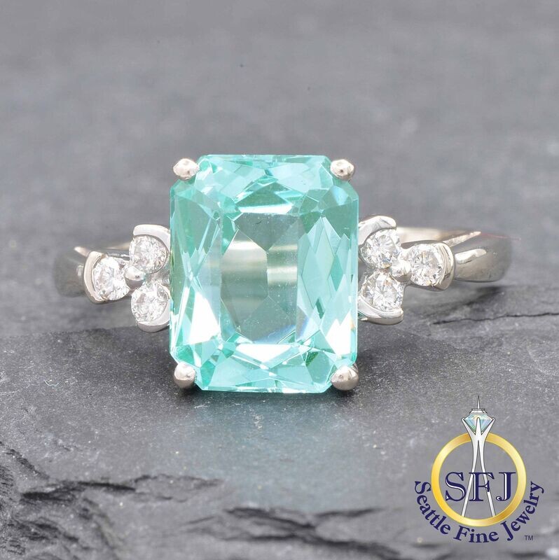 Emerald-Cut Soft Green Spinel and Diamond Ring, Solid 14K White Gold