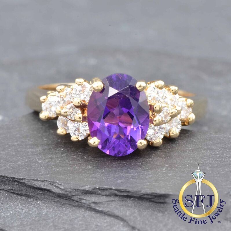 Amethyst and Diamond Cluster-Accented Ring, Solid 14K Yellow Gold