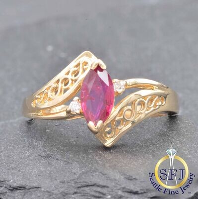 Marquise Ruby and Diamond Filigree Bypass Ring, Solid 14K Yellow Gold