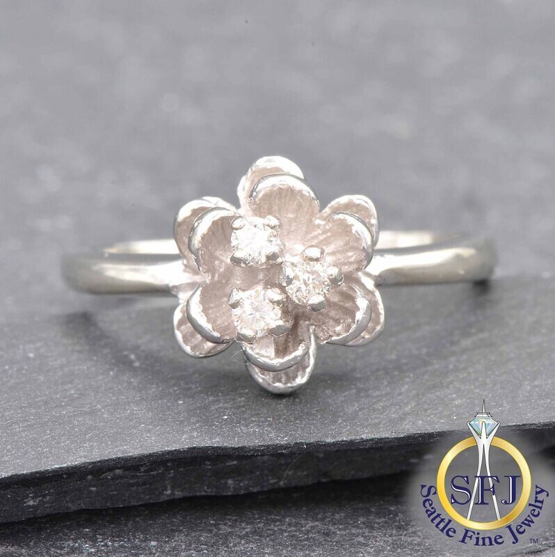 Diamond Accented Flower Ring, Solid 10K White Gold