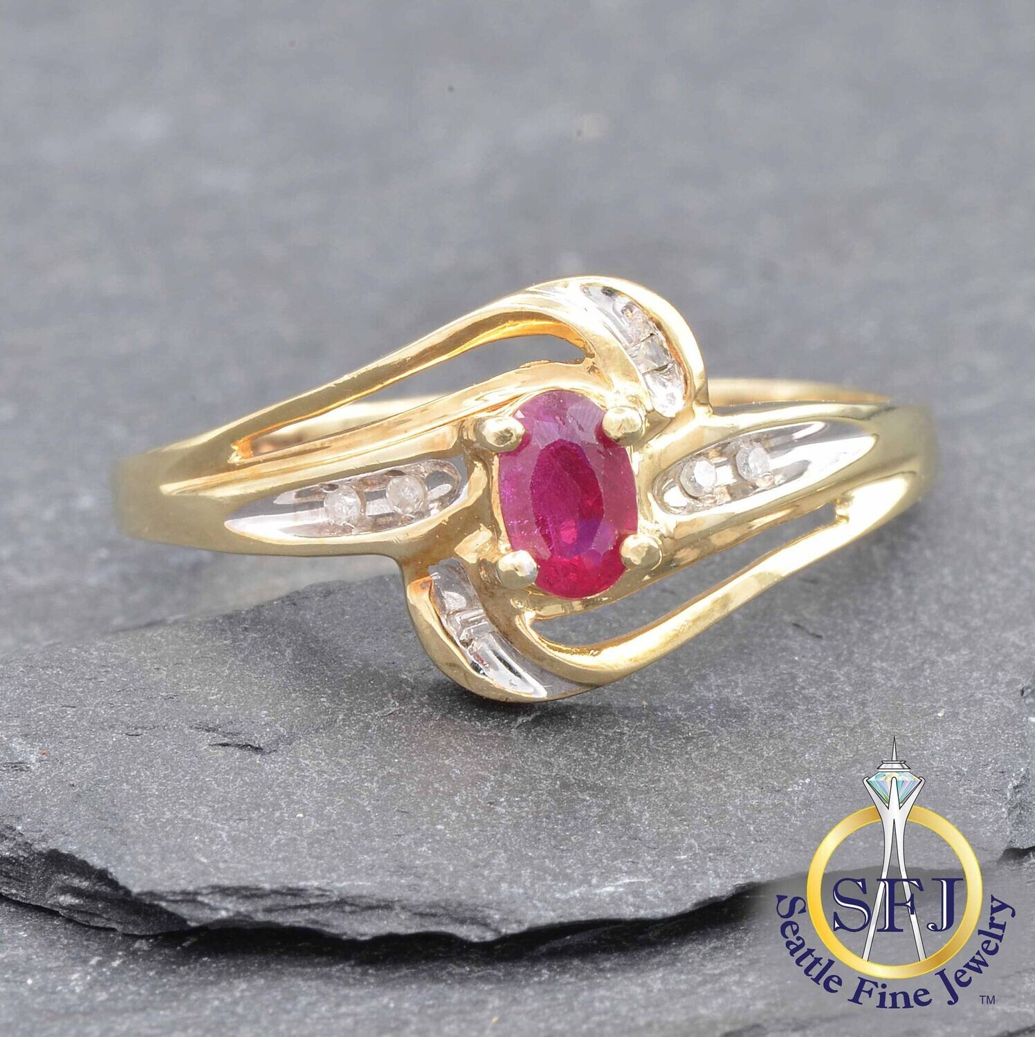 Ruby and Diamond Flowing Bypass Ring, Solid 10K Yellow Gold
