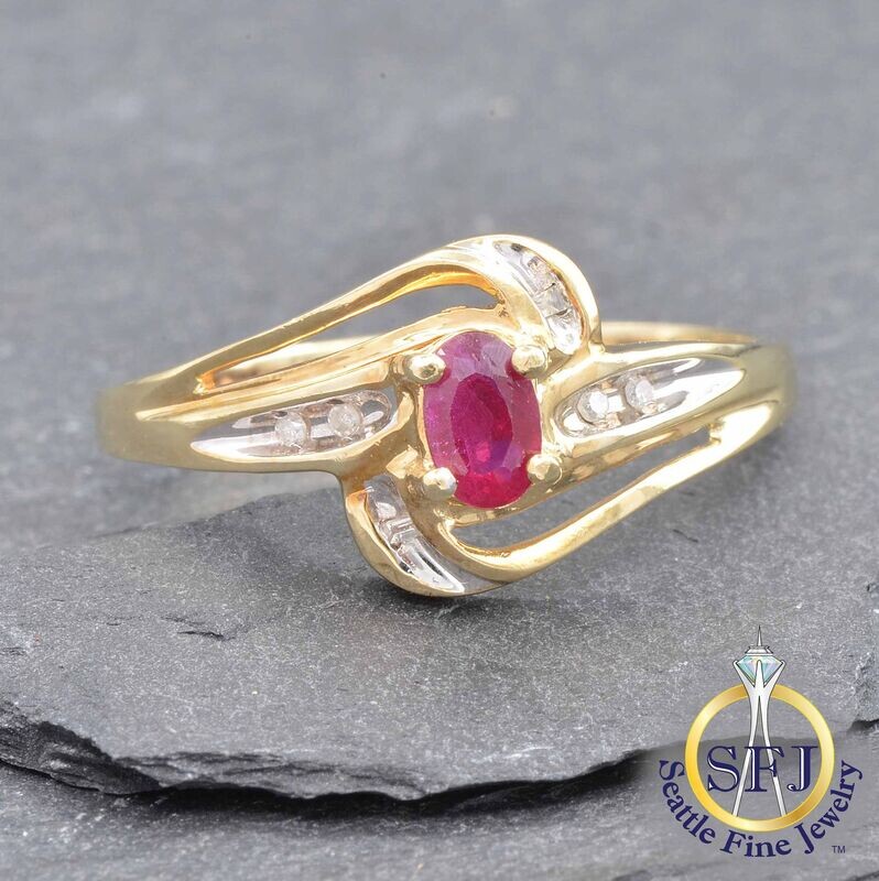 Ruby and Diamond Flowing Bypass Ring, Solid 10K Yellow Gold