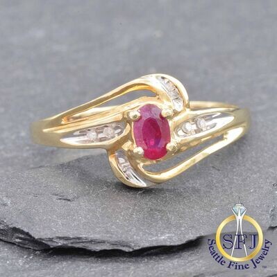 Ruby and Diamond Flowing Bypass Ring, Solid 10K Yellow Gold