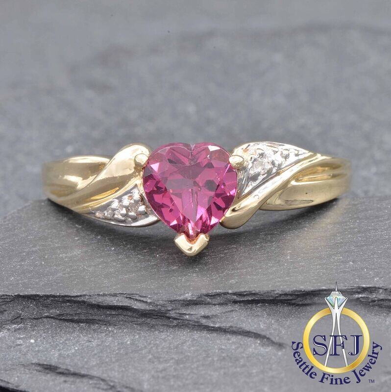 Heart Rhodolite Garnet and Diamond Ring, Solid 10K Yellow Gold