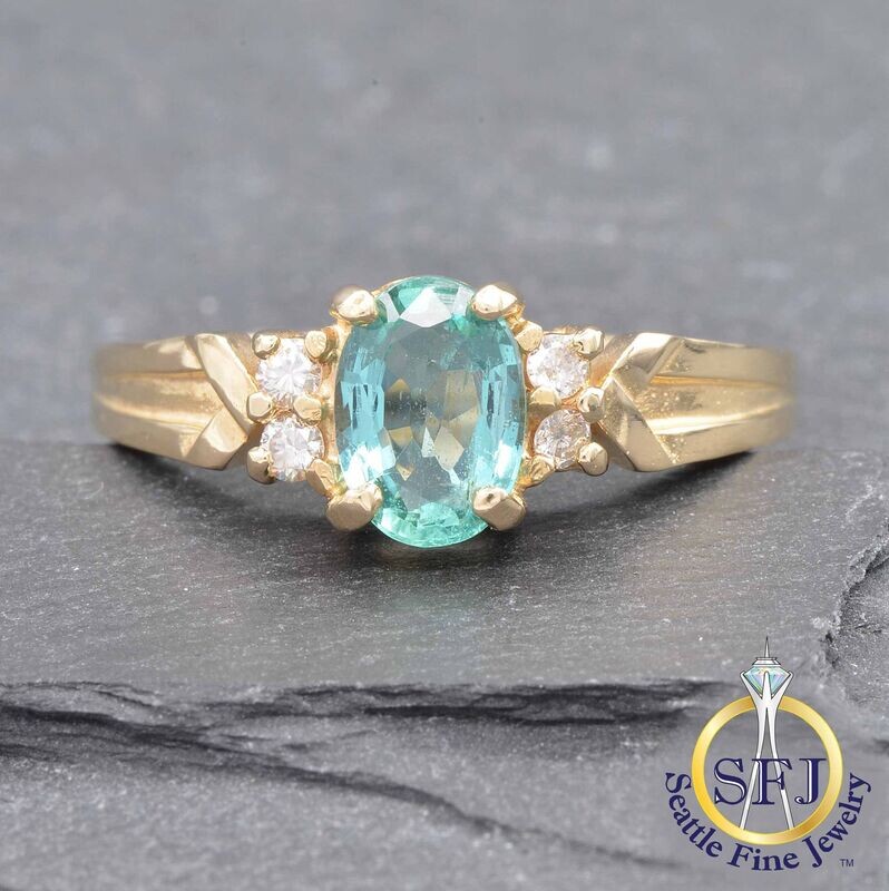Green Apatite and Diamond Ring, Solid 14K Yellow Gold
