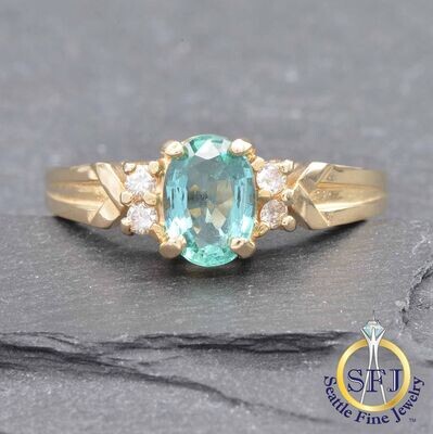 Green Apatite and Diamond Ring, Solid 14K Yellow Gold