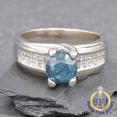 Blue Diamond and Diamond Ring, Solid 14k White Gold