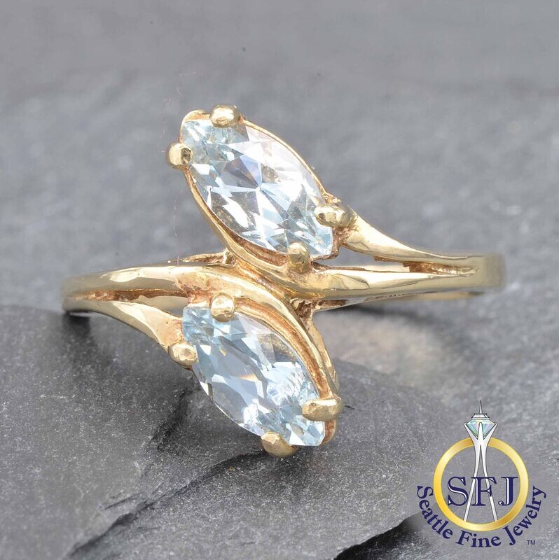 Marquise Aquamarine "Toi et Moi" Bypass Ring, Solid 10K Yellow Gold