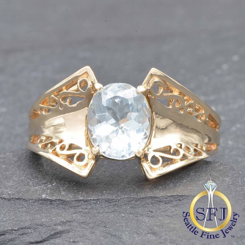 Aquamarine Solitaire Wide Flared Filigree Ring, Solid 10K Yellow Gold