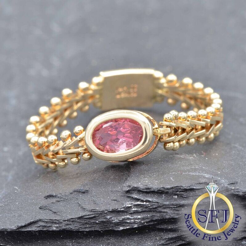 Pink Tourmaline Chevron Chain-Link Ring, Solid 14K Yellow Gold