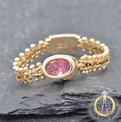 Hot Pink Tourmaline Chain Ring, Solid 14k Yellow Gold