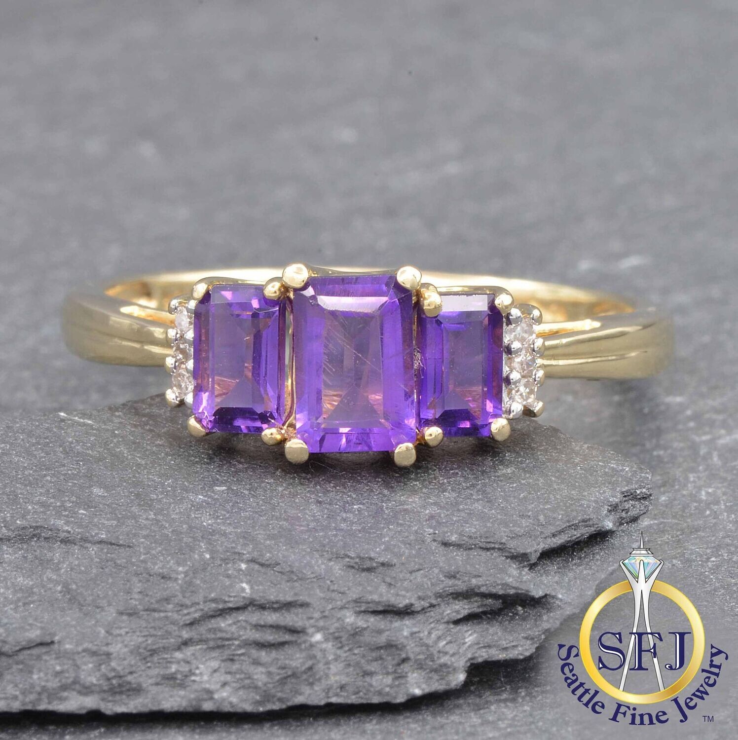 Amethyst 3-Stone and Diamond Ring, Solid 10K Yellow Gold