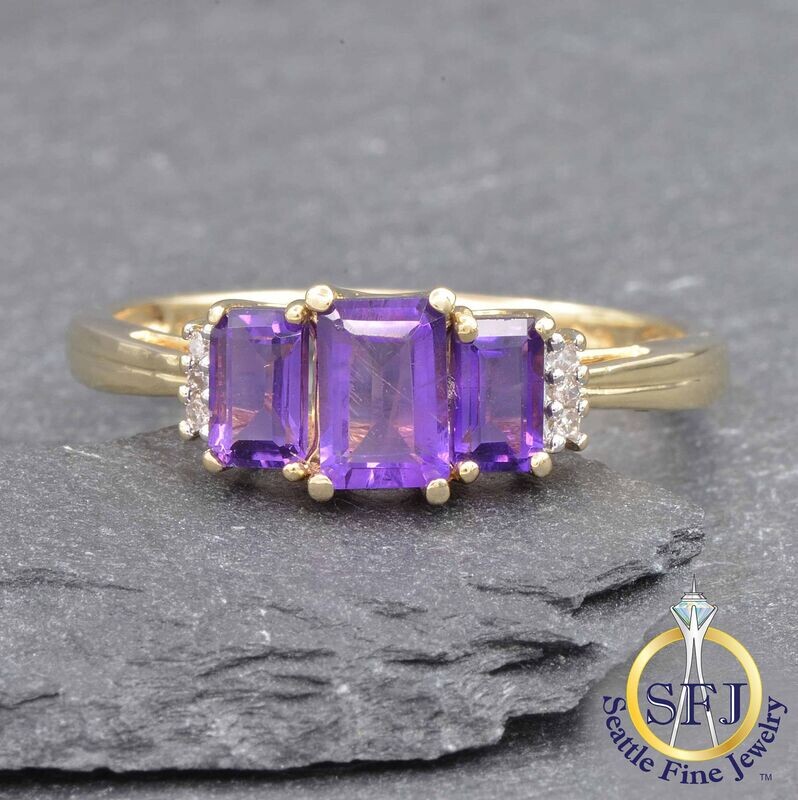 Amethyst 3-Stone and Diamond Ring, Solid 10K Yellow Gold