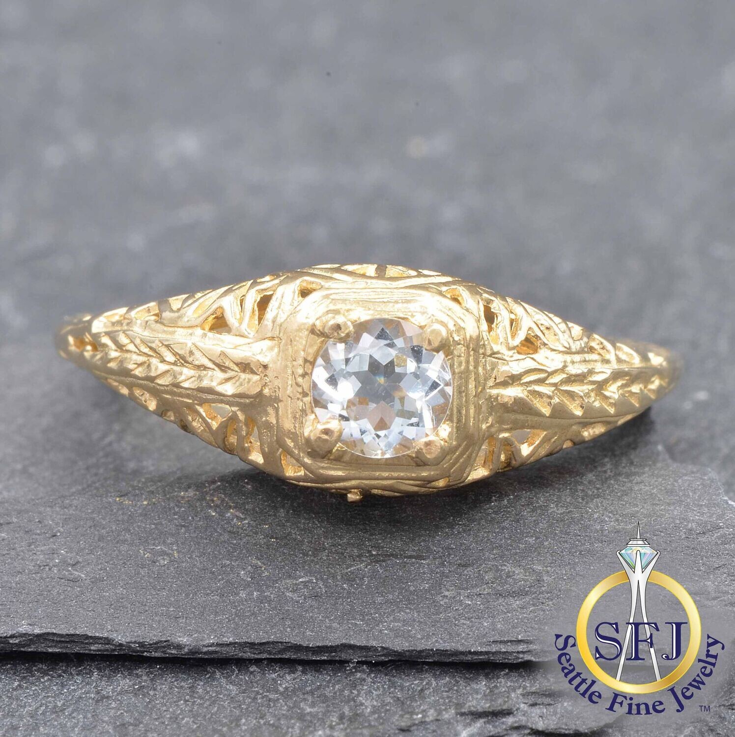 Aquamarine Ornate Filigree Ring, Solid 10K Yellow Gold