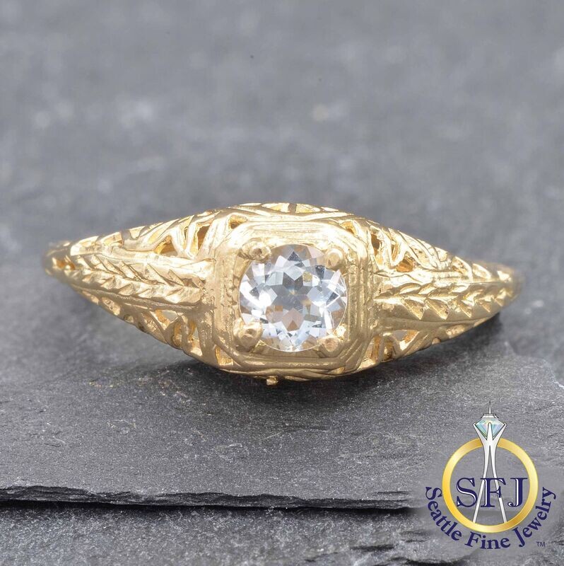 Aquamarine Ornate Filigree Ring, Solid 10K Yellow Gold