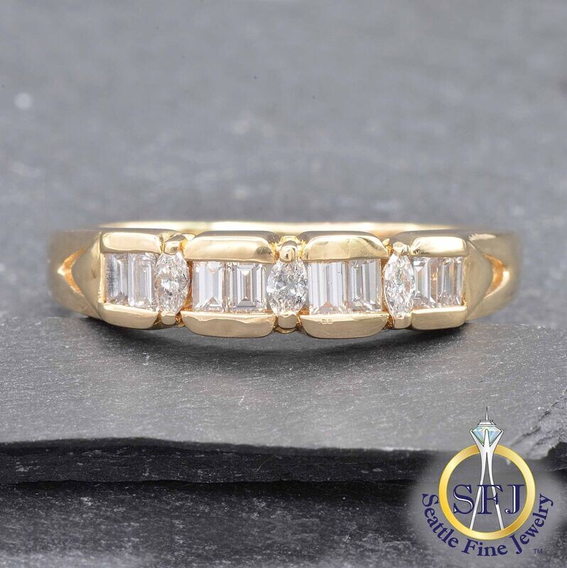 Marquise and Baguette Diamond Band Ring, Solid 14K Yellow Gold