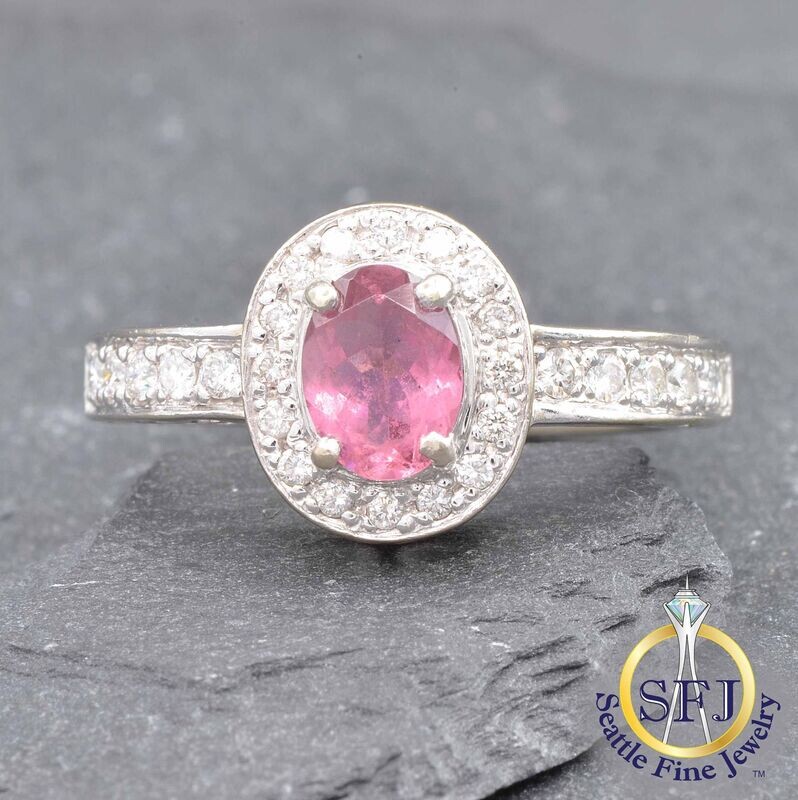 Pink Tourmaline and Diamond Halo Ring, Solid 14K White Gold