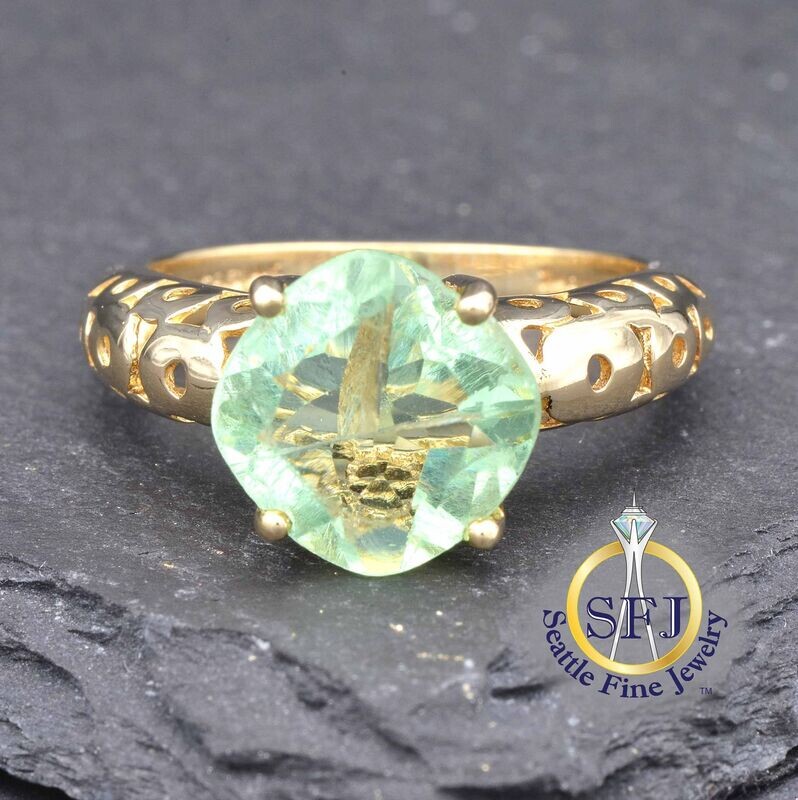 Green Fluorite Geometric Ring, Solid 14K Yellow Gold
